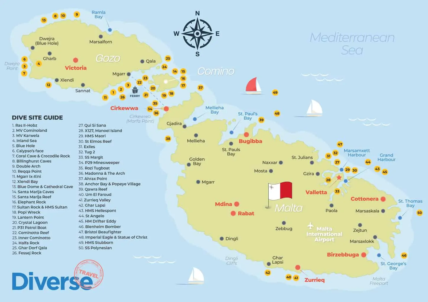 Dive site map of Malta, Gozo and Comino